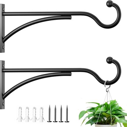 saffruff 2 Pack 28cm Hanging Basket Brackets Outdoor，Wall Hooks for Hanging Baskets & Bird Feeders, Heavy Duty Metal Garden Brackets for Fence, Lantern, Wind Chimes, Indoor Plant Hanger, Black