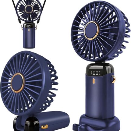 Jsdoin Hand Held Fan,Portable Handheld USB Rechargeable Fans with 5 Speeds,Battery Operated Mini Fan Foldable Desk Desktop Fans with LED Display for Home Office Bedroom Outdoor Travel (DarkBlue)