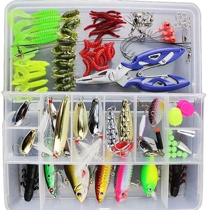 Vicloon 120 PCS Fishing Lures Mixed Including Spinners,VIB,Treble Hooks,Single Hooks,Swivels,Pliers and Tackle Box