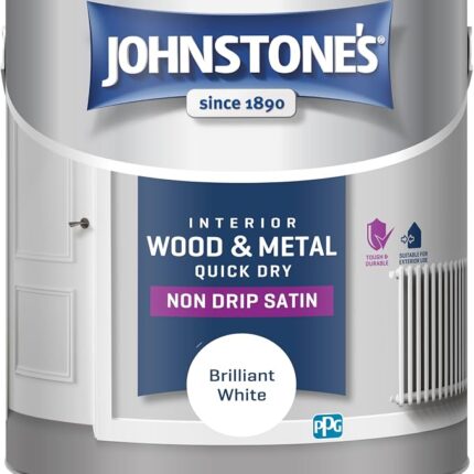 Johnstone's - Wood & Metal Paint - Satin Finish - Brilliant White - 2.5L - Water Based - Non Drip & Quick Drying - Radiator Paint - Low Odour - Dry in 1-2 Hours - 8m2 Coverage per Litre