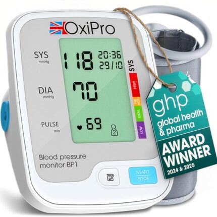 OxiPro BP1 Blood Pressure Monitors - Health & Pharma Recommended - BP Blood Pressure Machines for Home Use with Heart Rate Monitor & Large Cuff - Blood Pressure Monitors, White