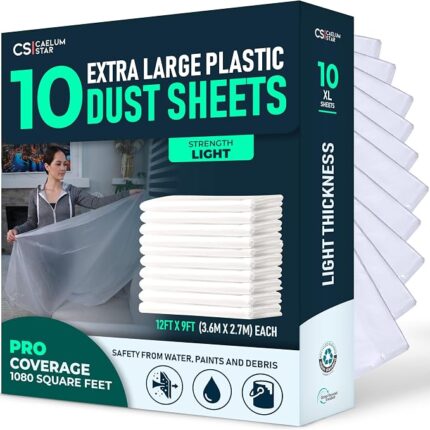 CS 10 Pack Extra Large Plastic Dust Sheets for Decorating 3.6 x 2.7m (12x9 ft), Dust Sheets for Painting, Clear Plastic Sheet Polythene Sheeting Painting Tools, Decorating Tools, Home Improvement