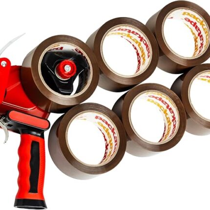 Packatape Packing Tape Gun with 6 Rolls of Extra Strong Brown Tape - Heavy Duty Packaging Tape with Premium Dispenser for Moving, Shipping and Storage